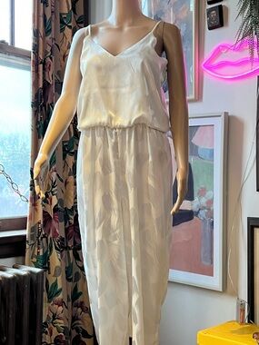 70s Disco Styling Creamy White Satin/Matte V-Neck Jumpsuit with Spaghetti Straps